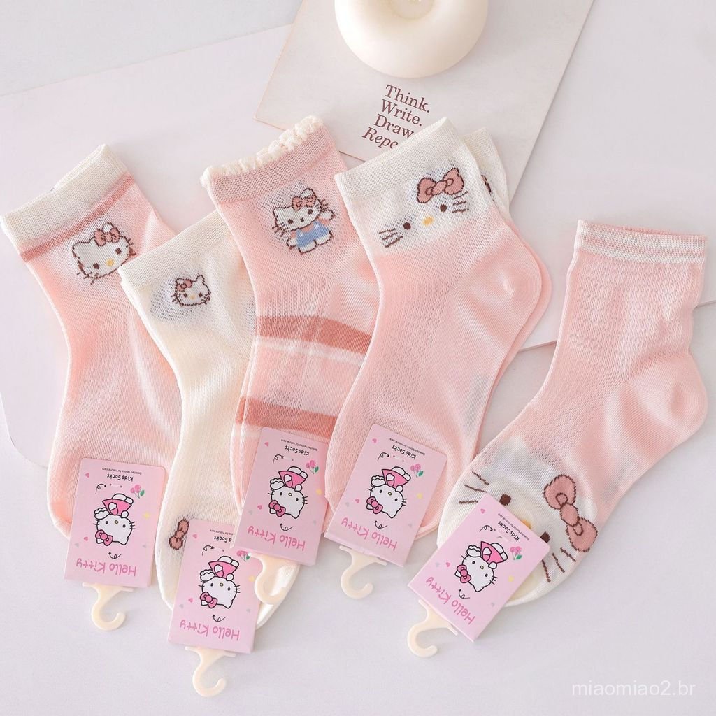 5 Pairs Girls Thin Pink Mesh Ultra-Thin Breathable Cartoon Cute Princess Style Mid-Calf Socks