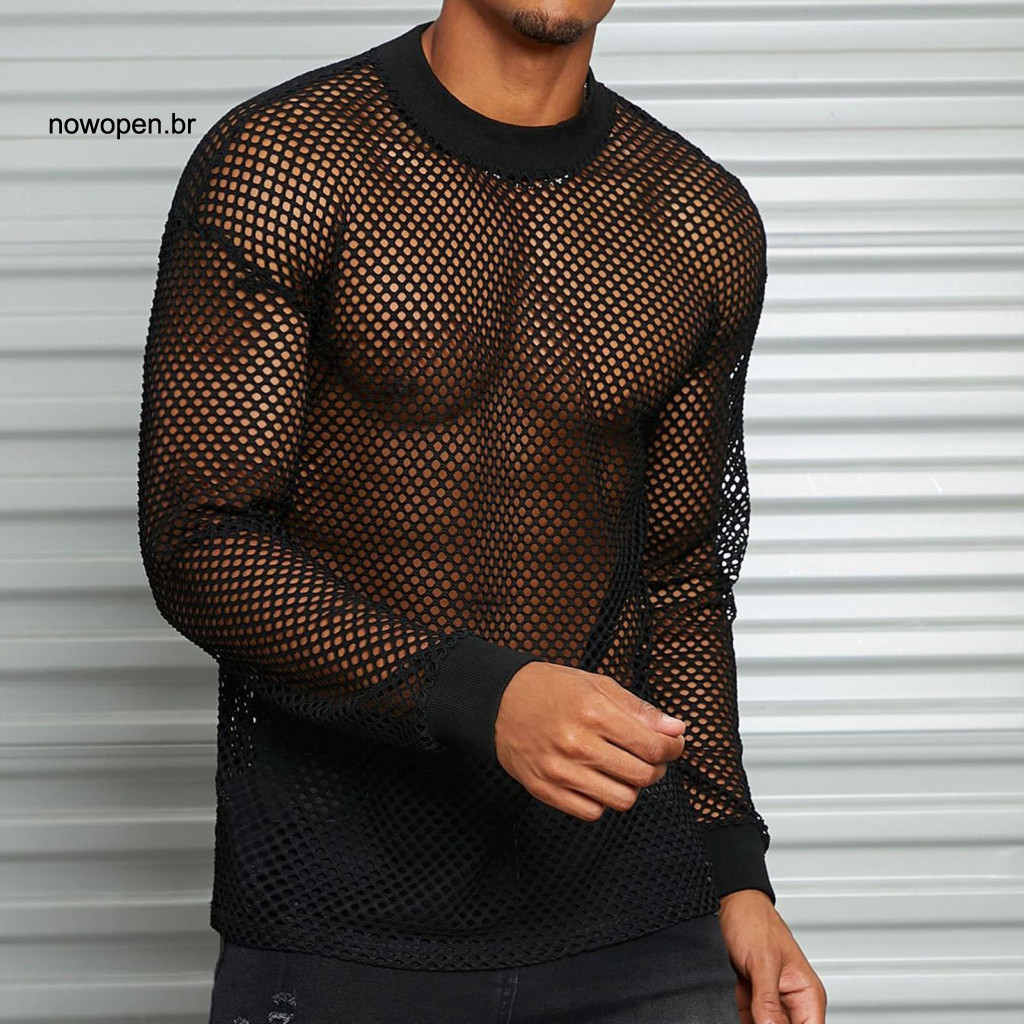 Men Black Mesh Top Hollow Design Muscle Tee Men's Long Sleeve T-shirt Ultra Thin See-through O-neck Stretchy Loose Fit S