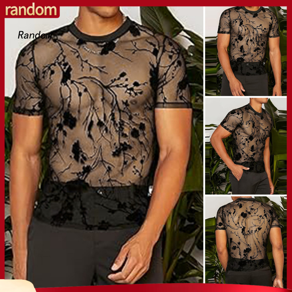 Lace Flower Design T-shirt Bartender Slutty Men's See-through Mesh Floral Embroidery Slim Fit Ultra-thin Short Sleeve Ro
