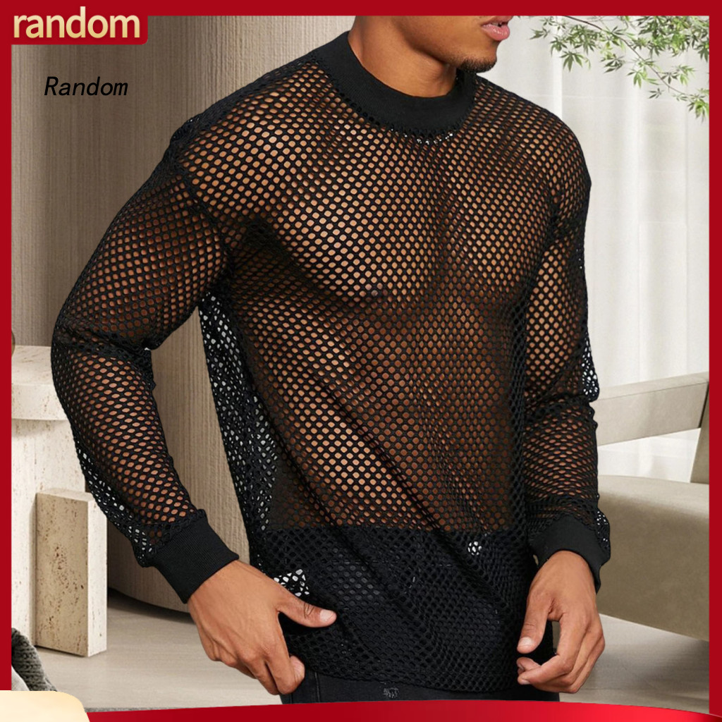 Hollow Design Black Top Men Mesh Shirt Men's Long Sleeve T-shirt Ultra Thin See-through O Neck Stretchy Loose Fit Muscle