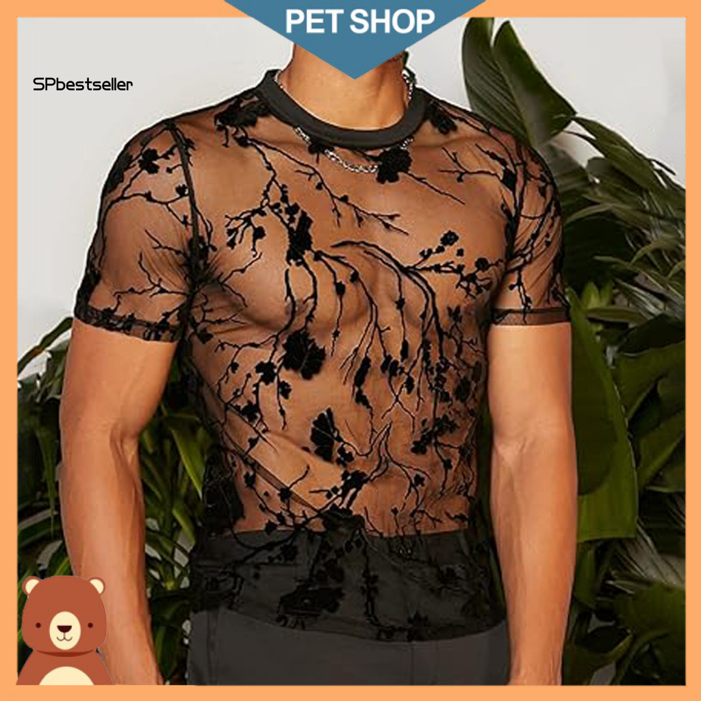 Casual Loose Fit Blouse Round Neck Short Sleeve Top Men's See-through Mesh Floral Embroidery Slim T-shirt Ultra-thin Par
