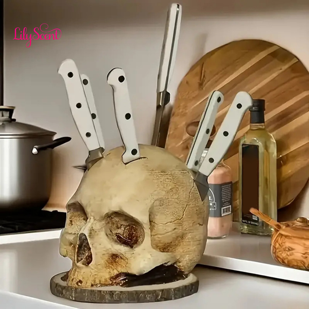 Halloween Knife Holder Skull Block Skull-shaped with Bone Texture – Dark Kitchen Decor Unique Gift for Fans Stable and