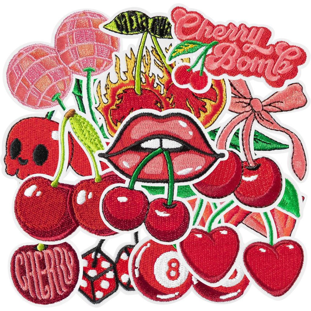 12Pcs Cherry Iron on Patches Cute Fruit Cherry Bomb Sew on Repair Embroidered Applique Red Aesthetic Girly Style Bow Sku