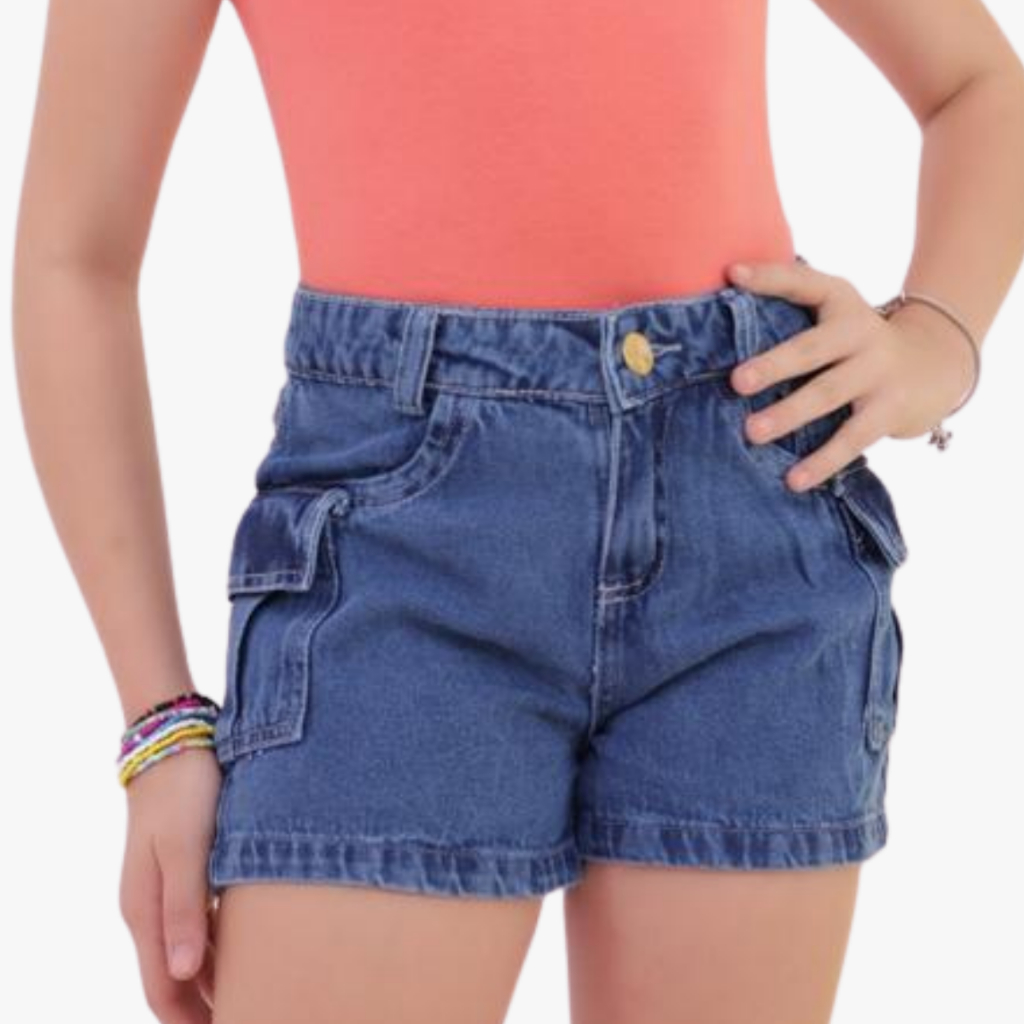 Short Jeans Cargo Feminino Infantil Menina Bermuda Bolso Funcional Verão Shortinho Blogueira 10 - 16