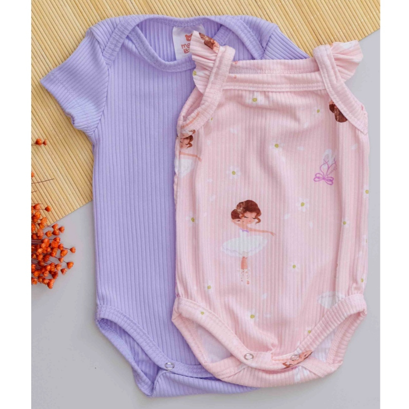 Kit 2 Body Bebê Infantil Verão Manga Curta Lilás Liso Regata Rosa Babado Bailarina Menina