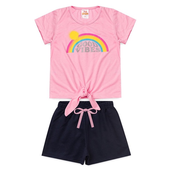 Conjunto Infantil Feminino Good Vibes Bermuda Moletinho Tam1 ao 8 anos.