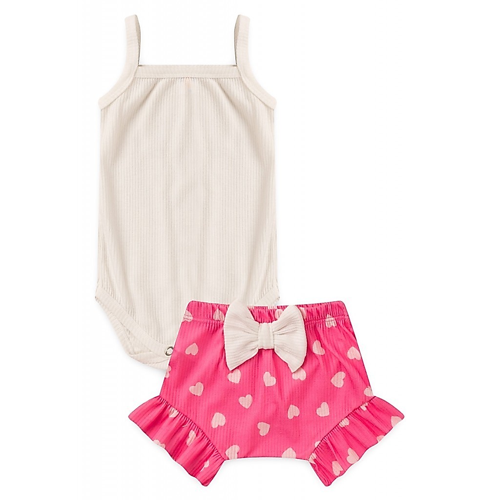 Conjunto Infantil Verão Feminino Body Off-White Short Rosa com Corações e Babadinhos