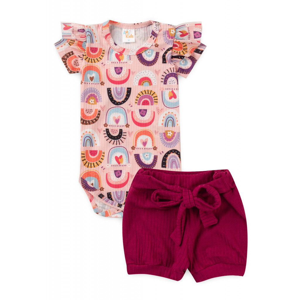 Conjunto Infantil Verão Feminino Body e Short com Laço Arco íris