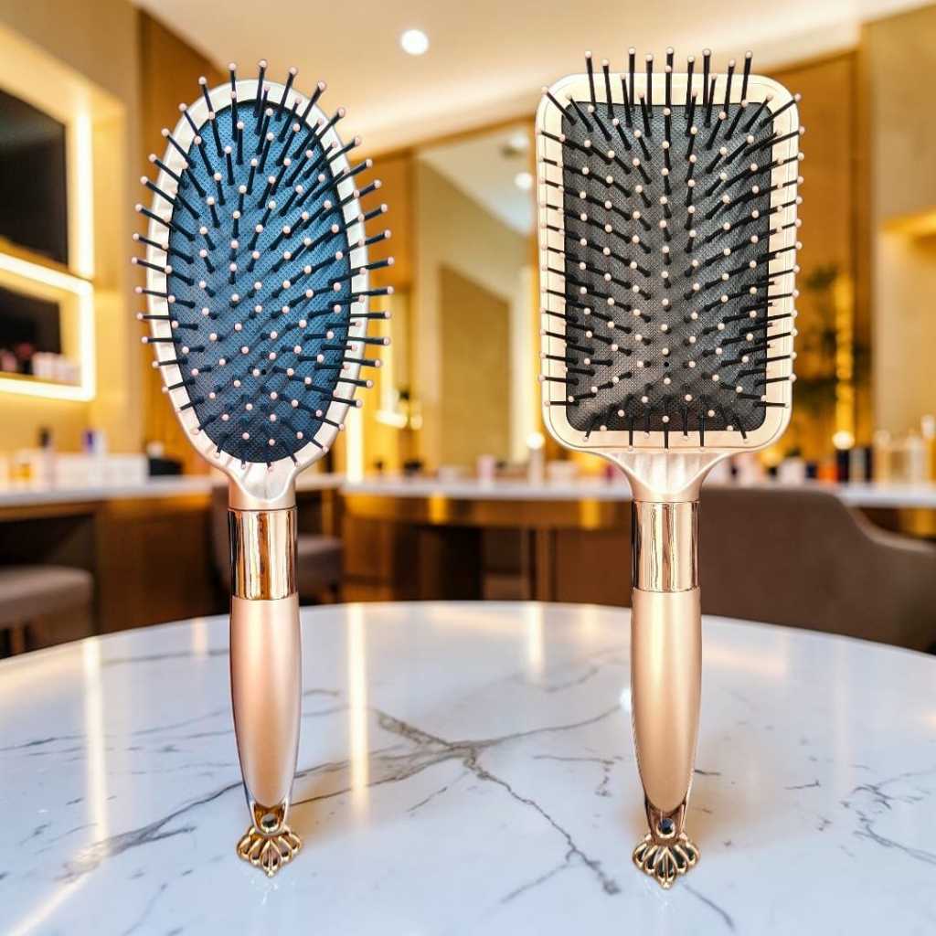 Escova Dourada De Cabelo Oval e Raquete Almofadada Cerdas Silicone Anti Frizz Profissional Cabo Luxo com Coroa