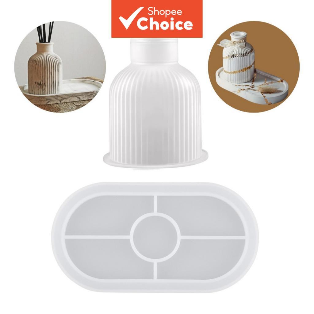 Molde de silicone multiuso para resina epóxi, gesso, cimento DIY: bandeja oval com listras, castiçal de lótus, vaso,