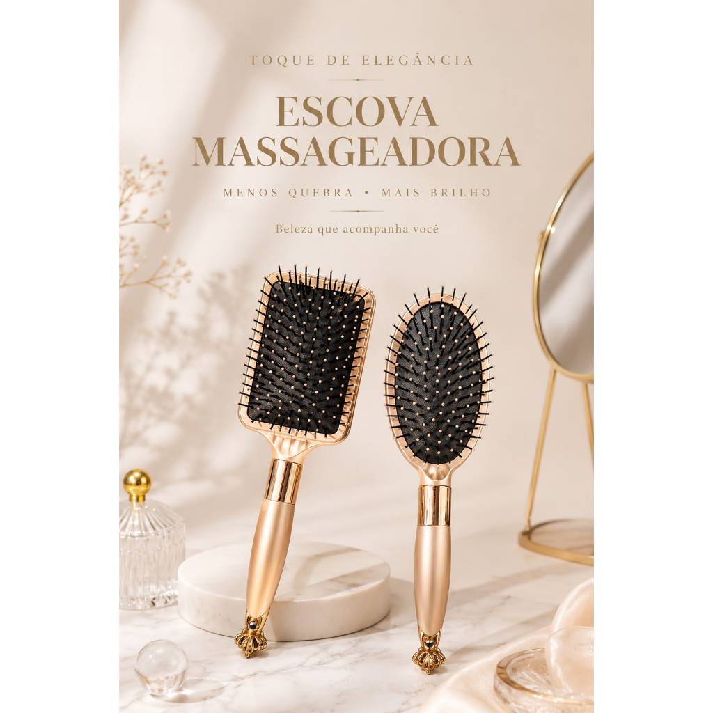 Escova De Cabelo Dourada Oval e Raquete Almofadada Cerdas Silicone Anti Frizz Profissional Cabo Luxo com Coroa