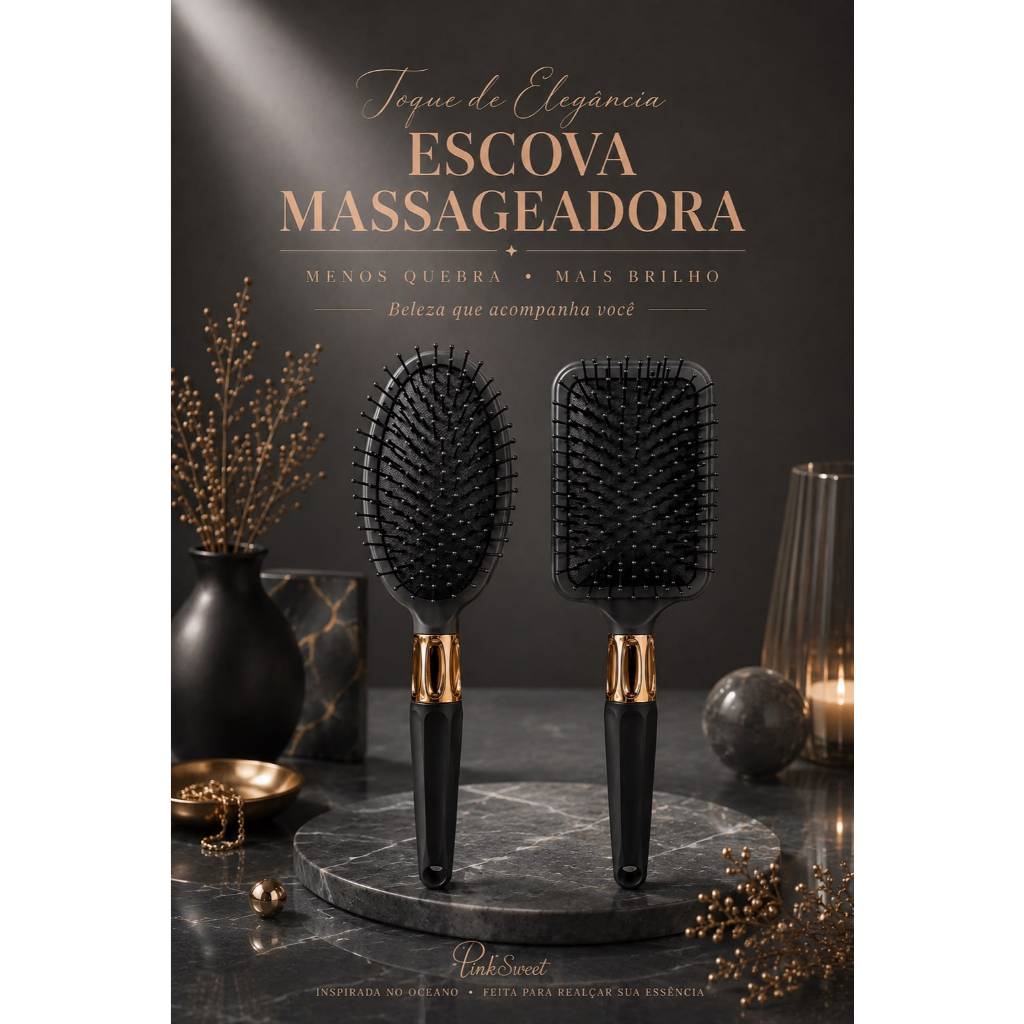 Escova de Cabelo Profissional Cerdas Silicone Almofadada Preta Detalhe Dourado ModelosOval ouRaquete