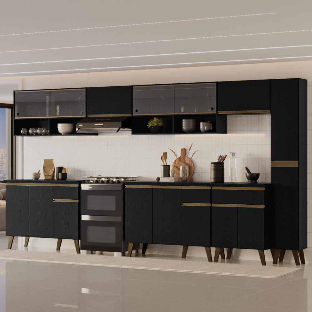 Armário de Cozinha Completa Atlanta Edge com Vidro Carraro Preto Touch