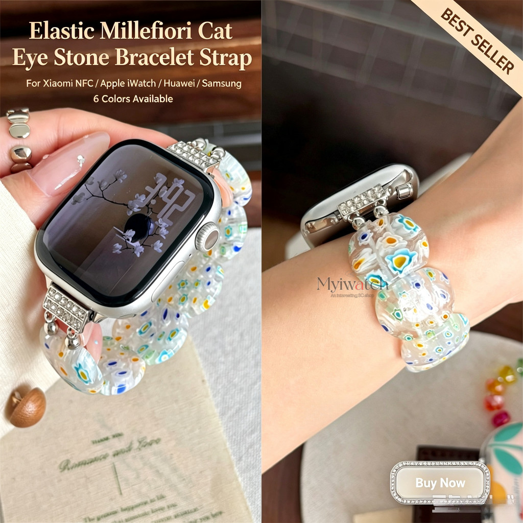 Pulseira Elástica Millefiori Cat Eye Stone Para iwatch 42 Mm (Série 11/10) 41 40 44 45 38 Delicada Vintage Floral Com Co
