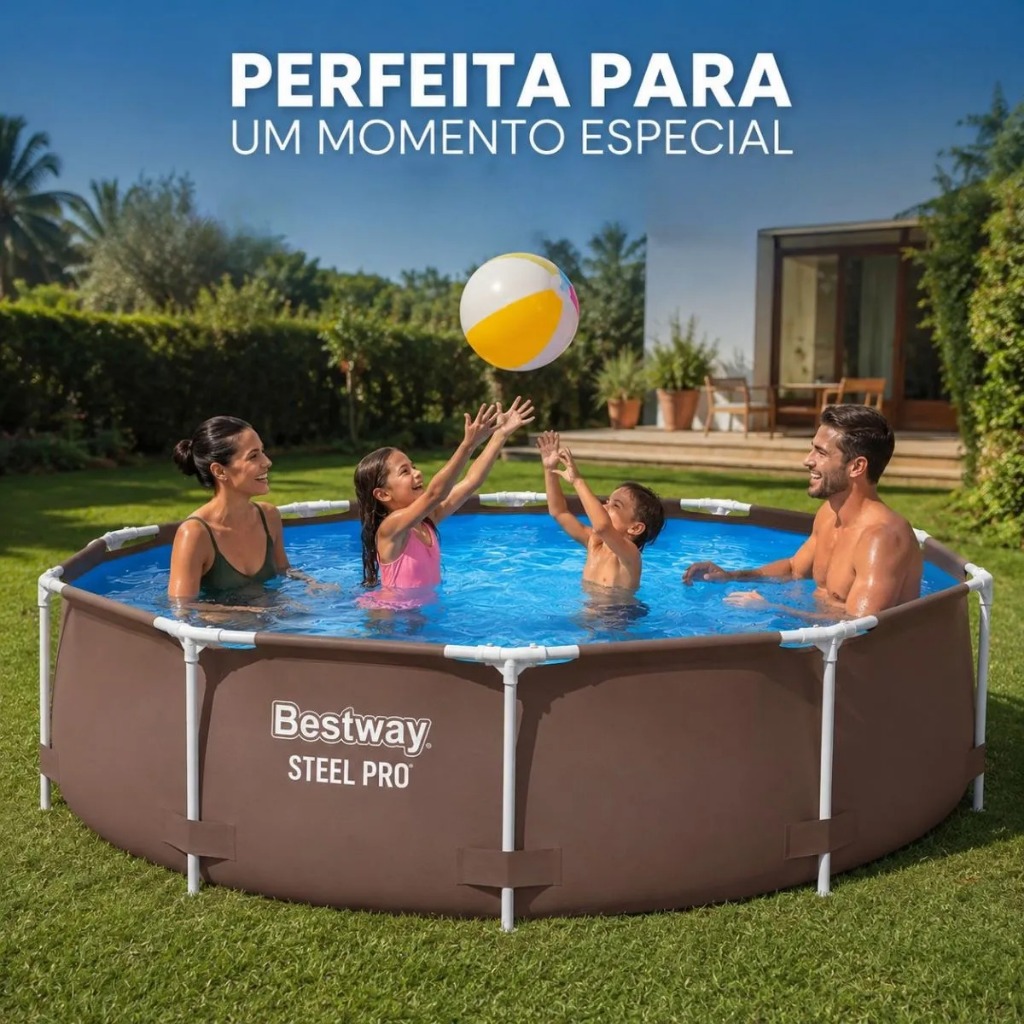 Piscina Estrutural Bestway Steel Pro 5000 Litros 3,05m x 76cm Montar Familiar Resistente De Aço Suporta 6 a 7 Pessoas
