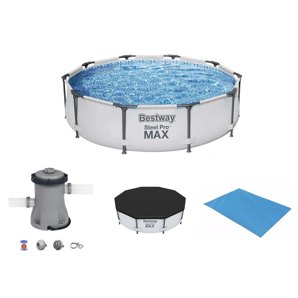 Piscina Bestway 5000 Litros Steel Pro Max CINZA 56406 com Bomba Filtrante 220v CAPA e FORRO