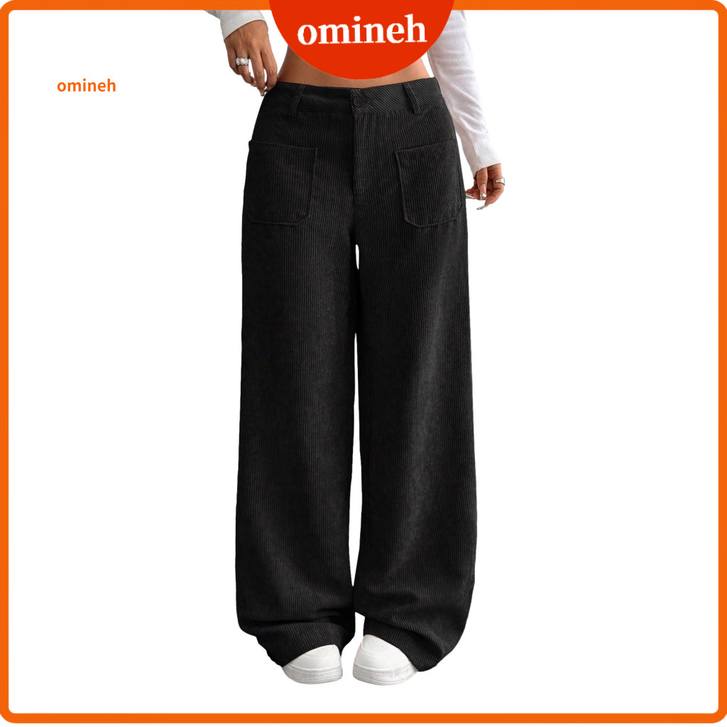 Long Pants Women’s Low Rise Wide Leg with Zipper Button Fly Ribbed Solid Color Leisure Trousers Pockets – Comfortabl