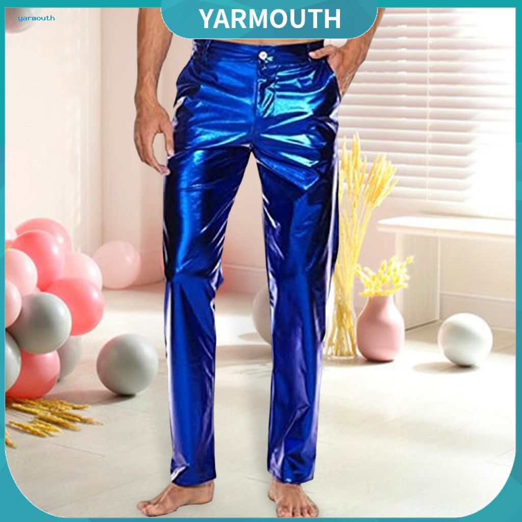 Men Long Pants Safe Pocket Men's Mid-rise Shiny Casual with Button Zipper Fly Reinforced Pockets Solid Color Glossy Club
