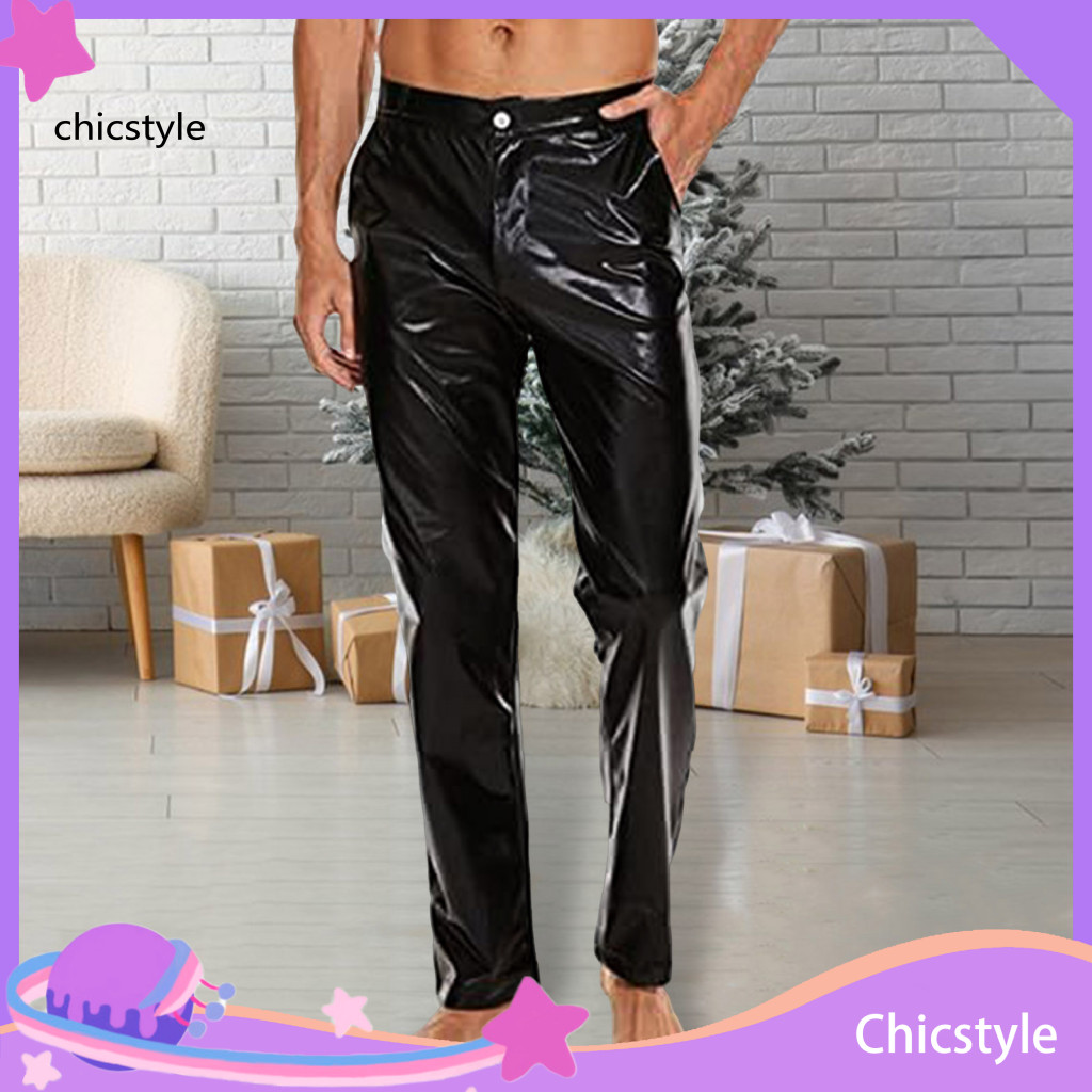 Lightweight Men Trousers Pants Men’s Mid-rise Shiny with Button Zipper Fly Reinforced Pockets Solid Color Glossy Club