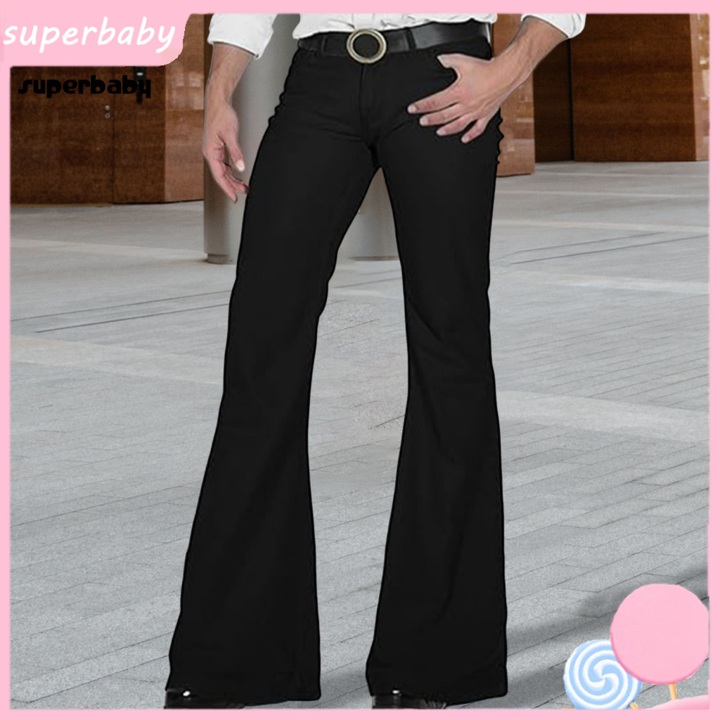Men Bottoms Casual Trousers Men's Flared Pants with 4 Pockets Mid-rise Solid Color Button Zipper Fly Comfortable Work an