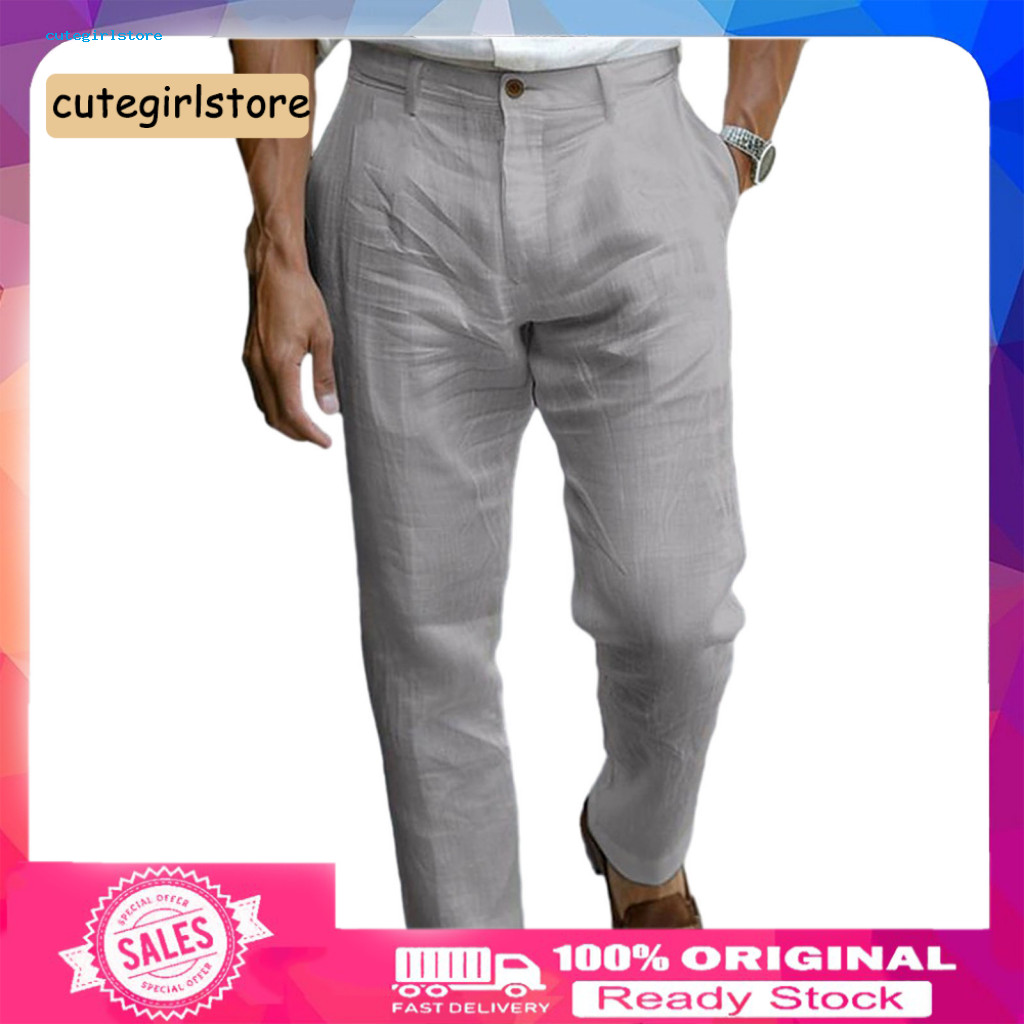 Breathable Suit Pants Men's Casual Lightweight Mid-rise with Button Zipper Fly Loose Fit Long Trousers Solid Color Comfo