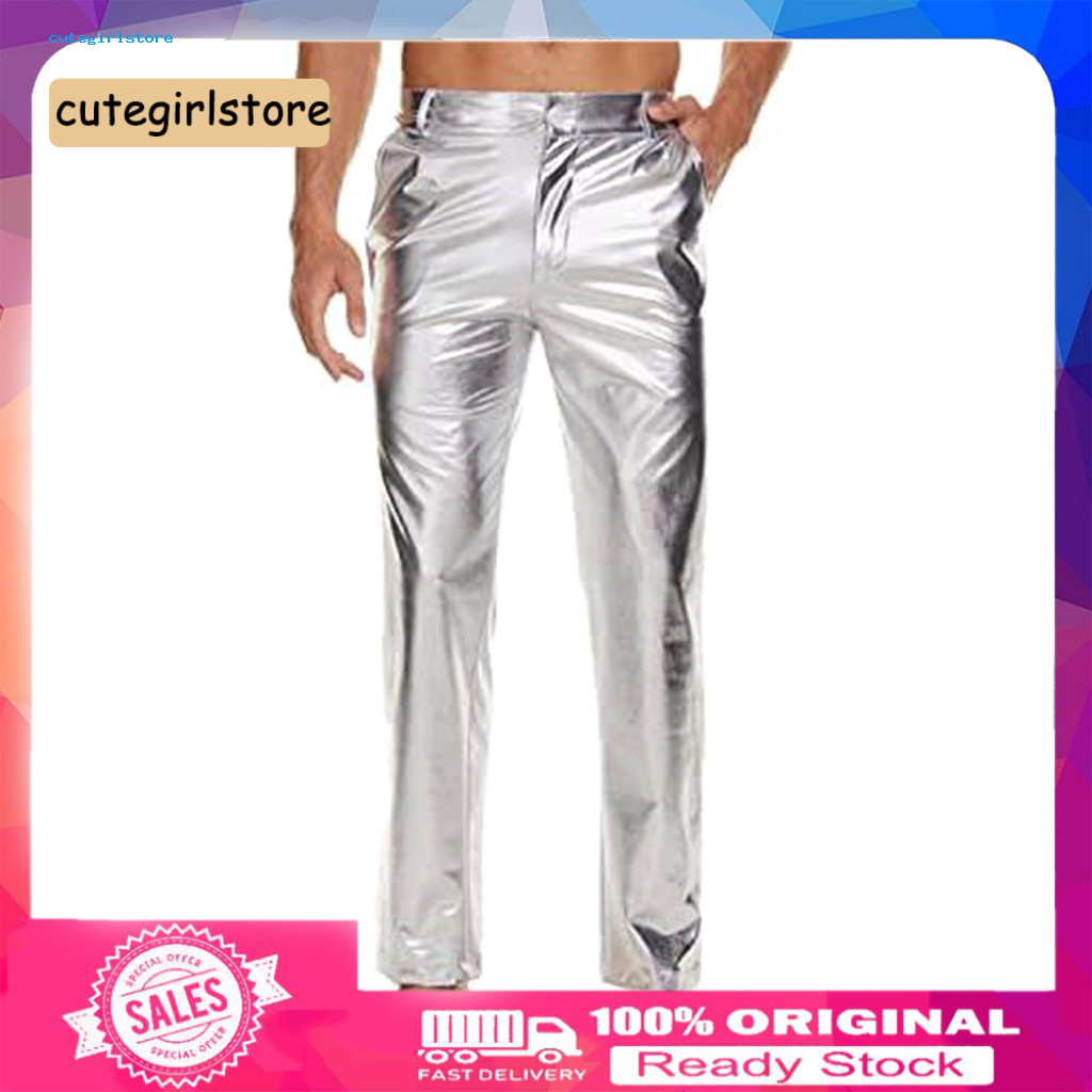 Safe Pocket Men Pants Reinforced Stitching Men’s Mid-rise Shiny with Button Zipper Fly Pockets Solid Color Glossy Club