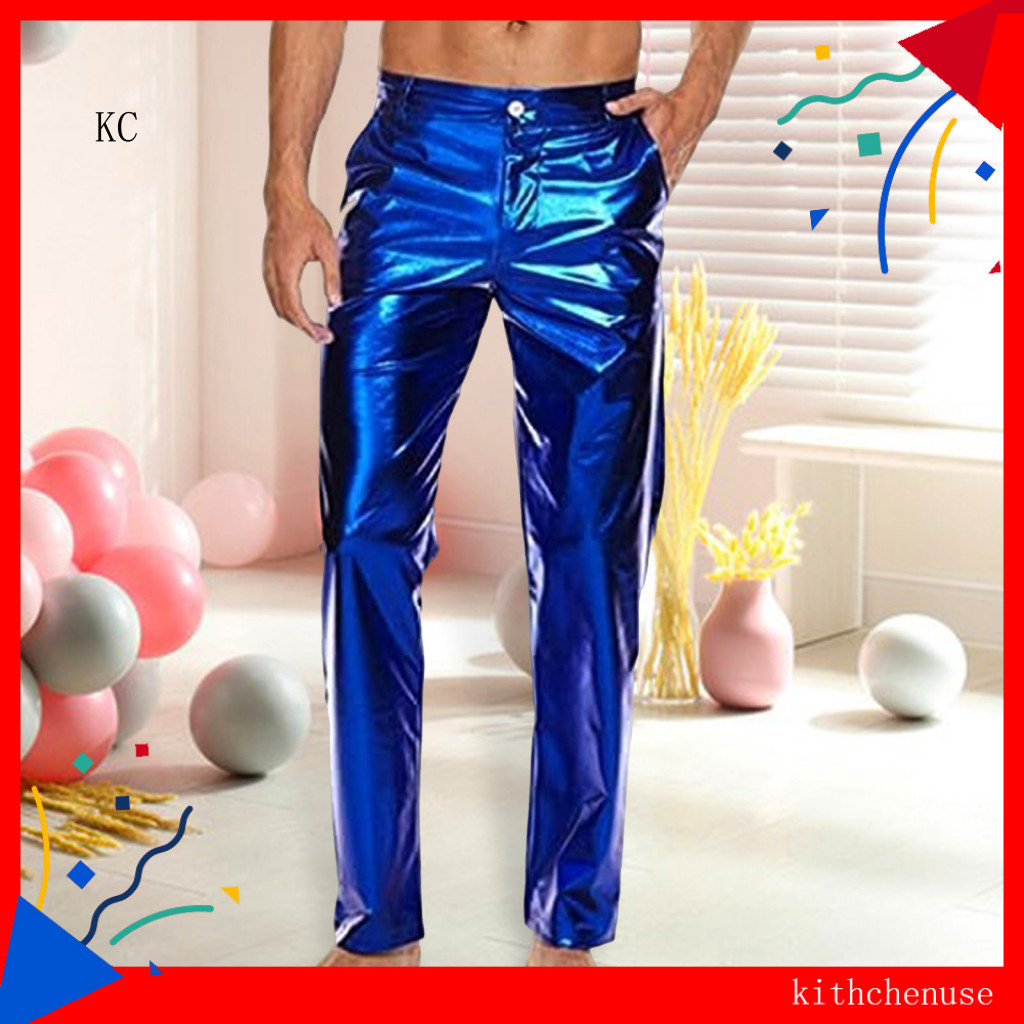 Reinforced Stitching Men Pants Button Zipper Fly Trousers Men’s Mid-rise Shiny with Pockets Solid Color Glossy Club fo