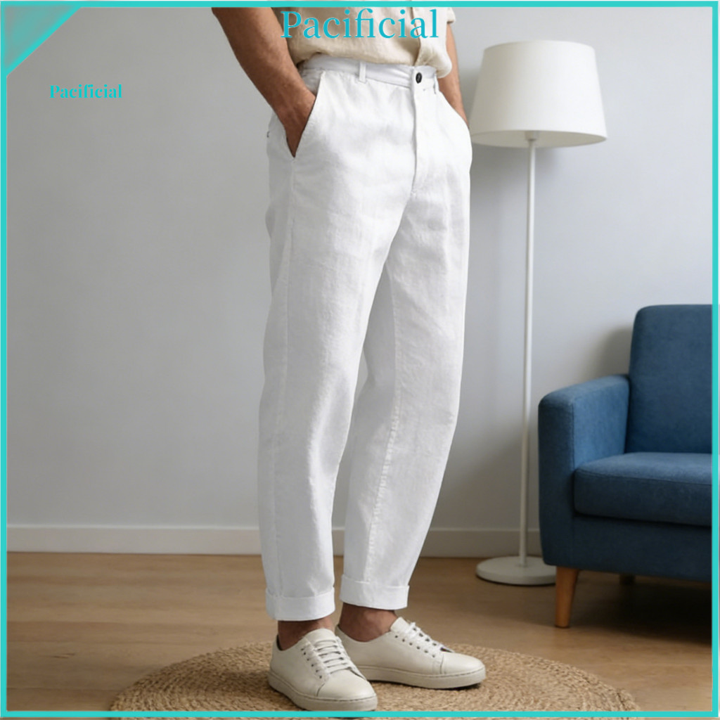 Lightweight Breathable Pants Reinforced Pocket Men Men's Casual Mid-rise with Button Zipper Loose Fit Trousers Pure Colo