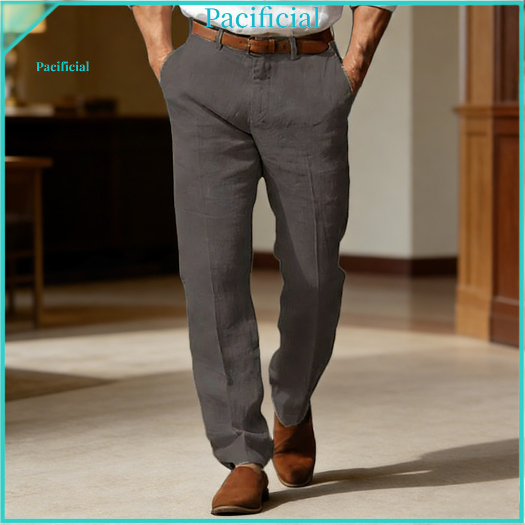 Men Summer Trousers Casual Men's Mid-rise Pants with Button Zipper Straight Leg Pockets – Perfect for Travel Work and