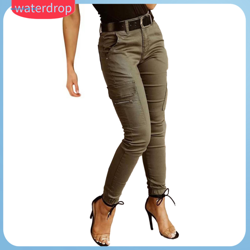 Women’s Cargo Pants Mid-rise Elastic Waist Multi Pockets Button Zipper Closure Comfortable Long Trousers with Cuffed A