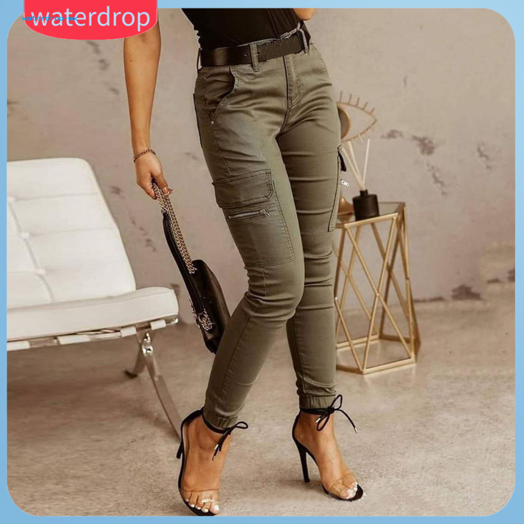 Women’s Slim Fit Low-rise Cargo Pants with Multi Pockets Button Zipper Fly Solid Color Pencil Leggings – Stylish and