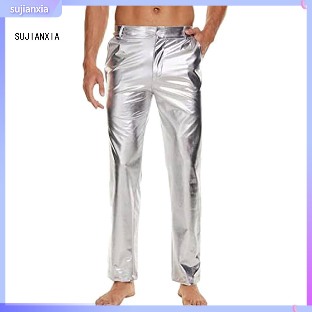 Men Pants Lightweight Trousers Men’s Mid-rise Shiny with Button Zipper Fly Reinforced Pockets Solid Color Glossy Club