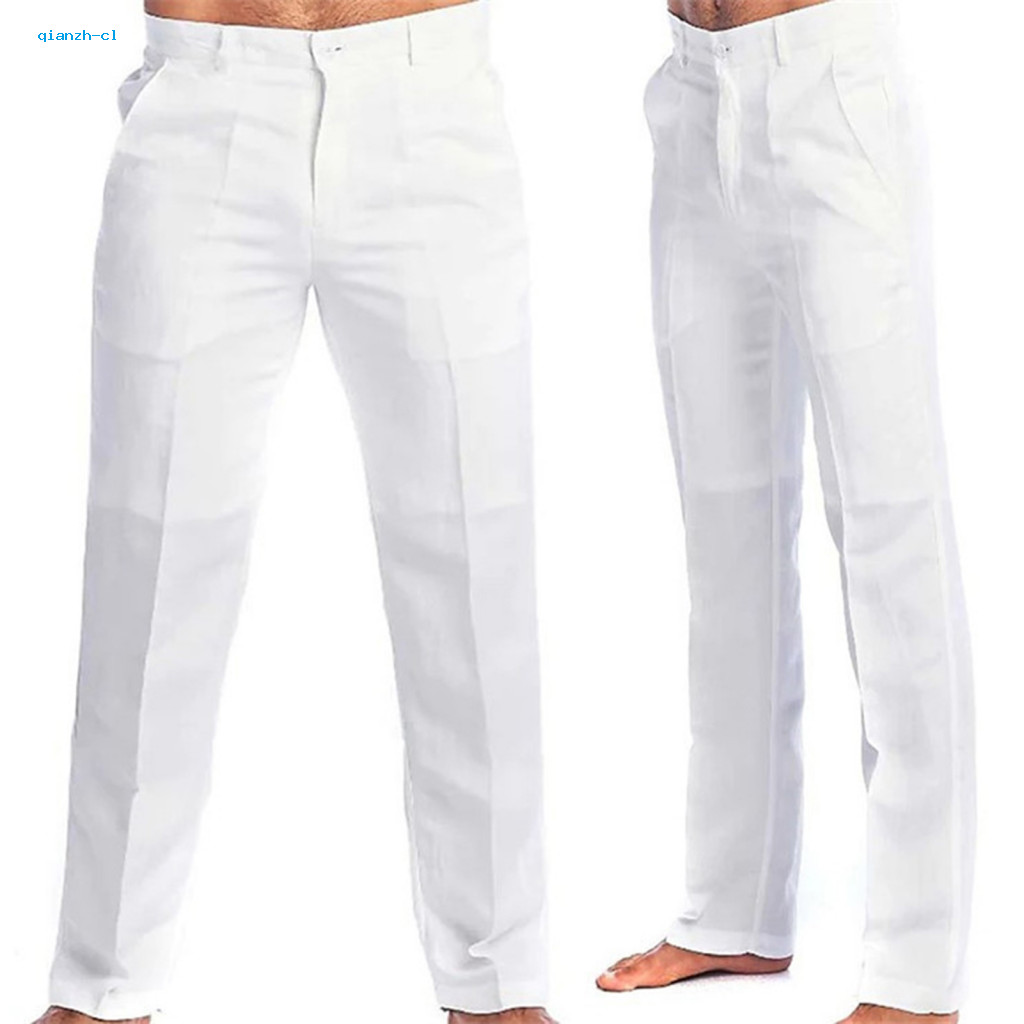 Men Cotton Linen Pants Zip Fly Trousers Men's Slim Fit Solid Color Long Mid-rise Zipper Button Straight Leg Casual with