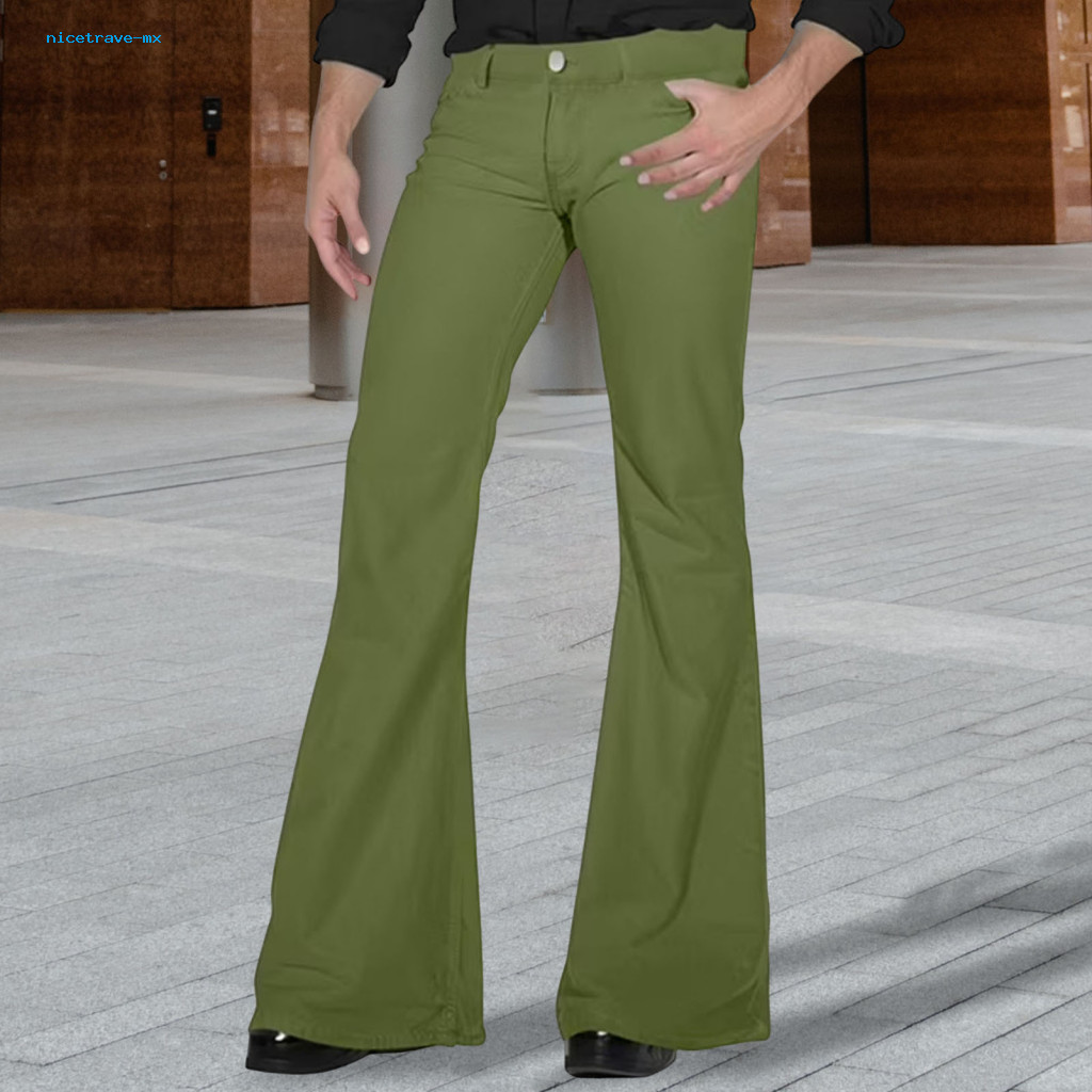 Durable Men Trousers Casual Men's Flared Pants with 4 Pockets Mid-rise Solid Color Button Zipper Fly Comfortable Work an