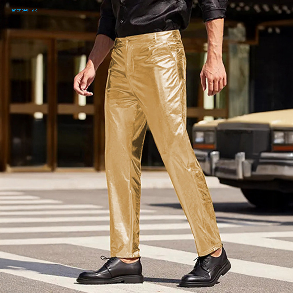 Men Everyday Wear Pants Lightweight Trousers Men’s Mid-rise Shiny with Button Zipper Fly Reinforced Pockets Solid Colo