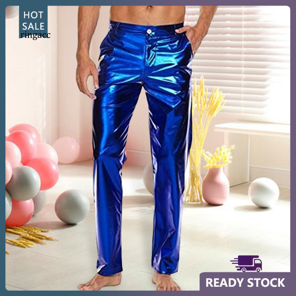 Reinforced Pocket Stitching Pants Lightweight Men Trousers Men’s Mid-rise Shiny with Button Zipper Fly Pockets Solid C