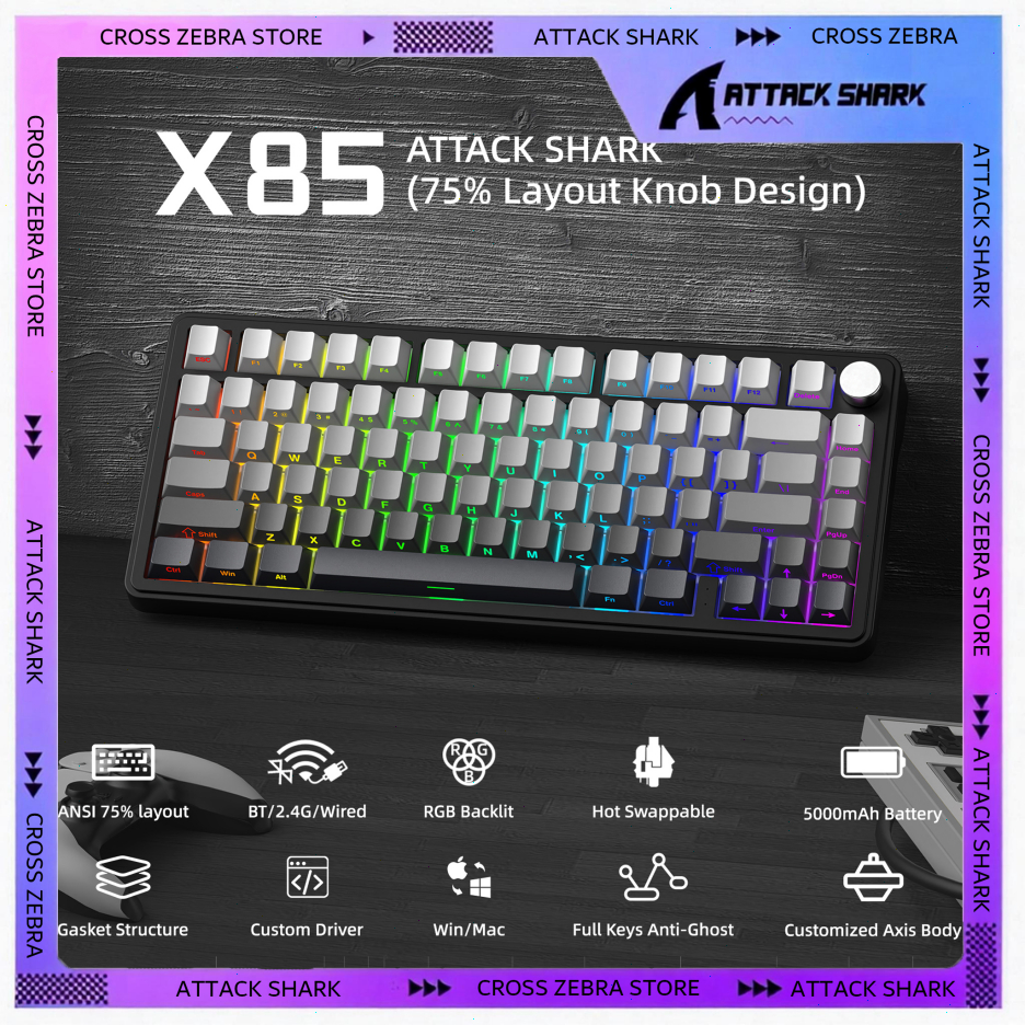 ATTACK SHARK X85 Wireless Mechanical Keyboard,TKL 82 Keys,Hot Swappable,Gasket Structure,RGB Backlit