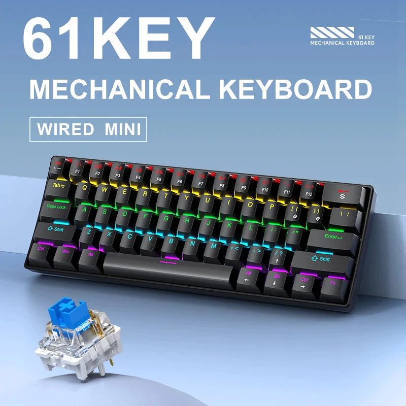 Teclado Mecânico Gamer Apayado K61 USB Switch Blue 60% Cabo Destacável com Fio RGB Backlit Hot Swappable