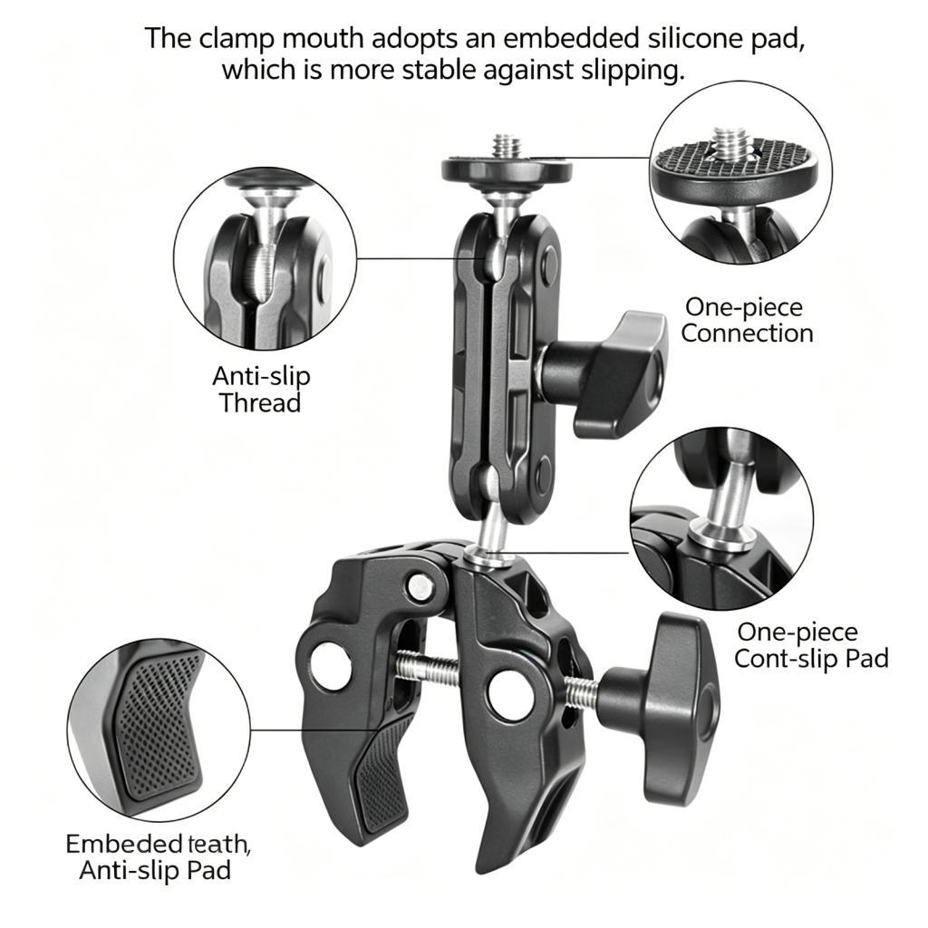 Domary Dual Ball Head braçadeira Mount Magic Arm com 2 360 cabeças giratórias Roscas de 1/4 e 3/8 de polegada para