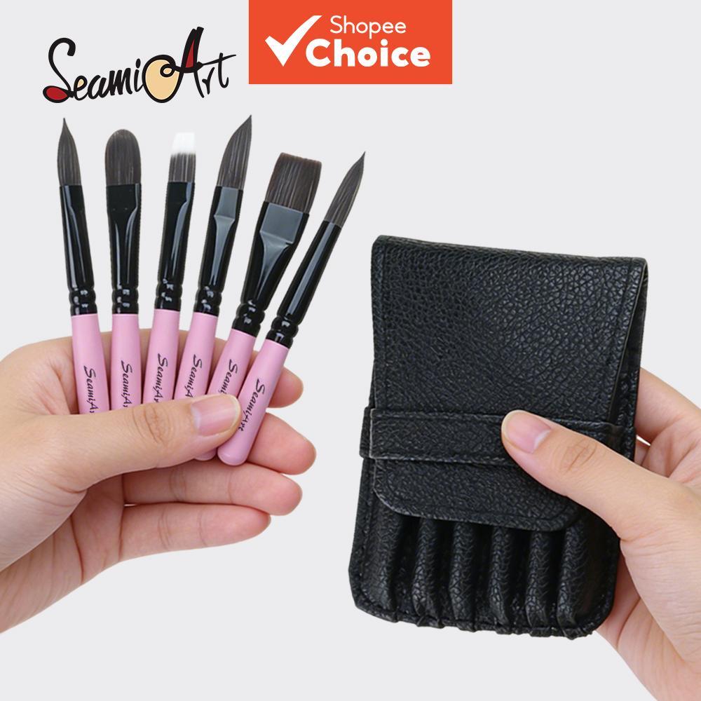 SeamiArt Conjunto De Pincéis Artísticos De Viagem , 6 Peças , Escovas De Cabelo De Nylon Com Cabo Curto Bolsa De Couro P
