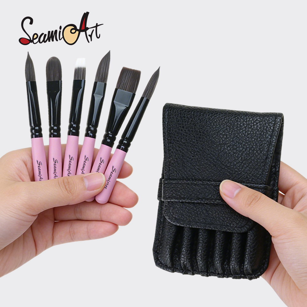 SeamiArt Conjunto De Pincéis Artísticos De Viagem , 6 Peças , Escovas De Cabelo De Nylon Com Cabo Curto Bolsa De Couro P