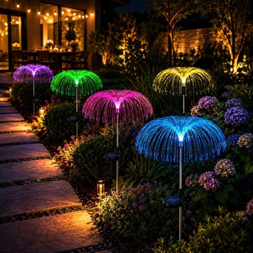 KIT 2 LUMINARIA SOLAR COLORIDA CASCATA ENERGIA SOL SEM FIO POSTE LUZ JARDIM IP65 ESPETO AGUA VIVA DECORATIVO LED SEM FIO
