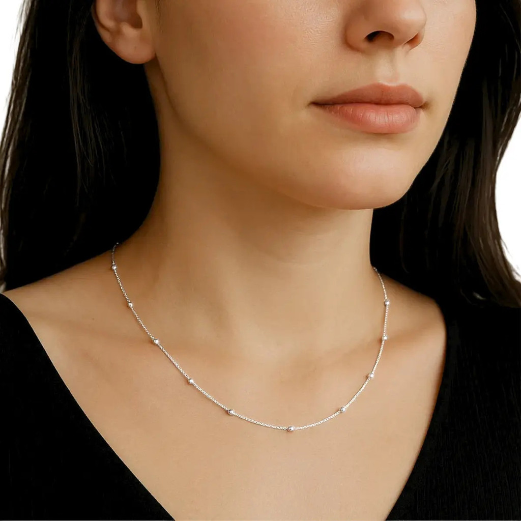 Colar Feminino de Prata 925 Banhado Veneziana com Bolinhas Delicado de 45 cm