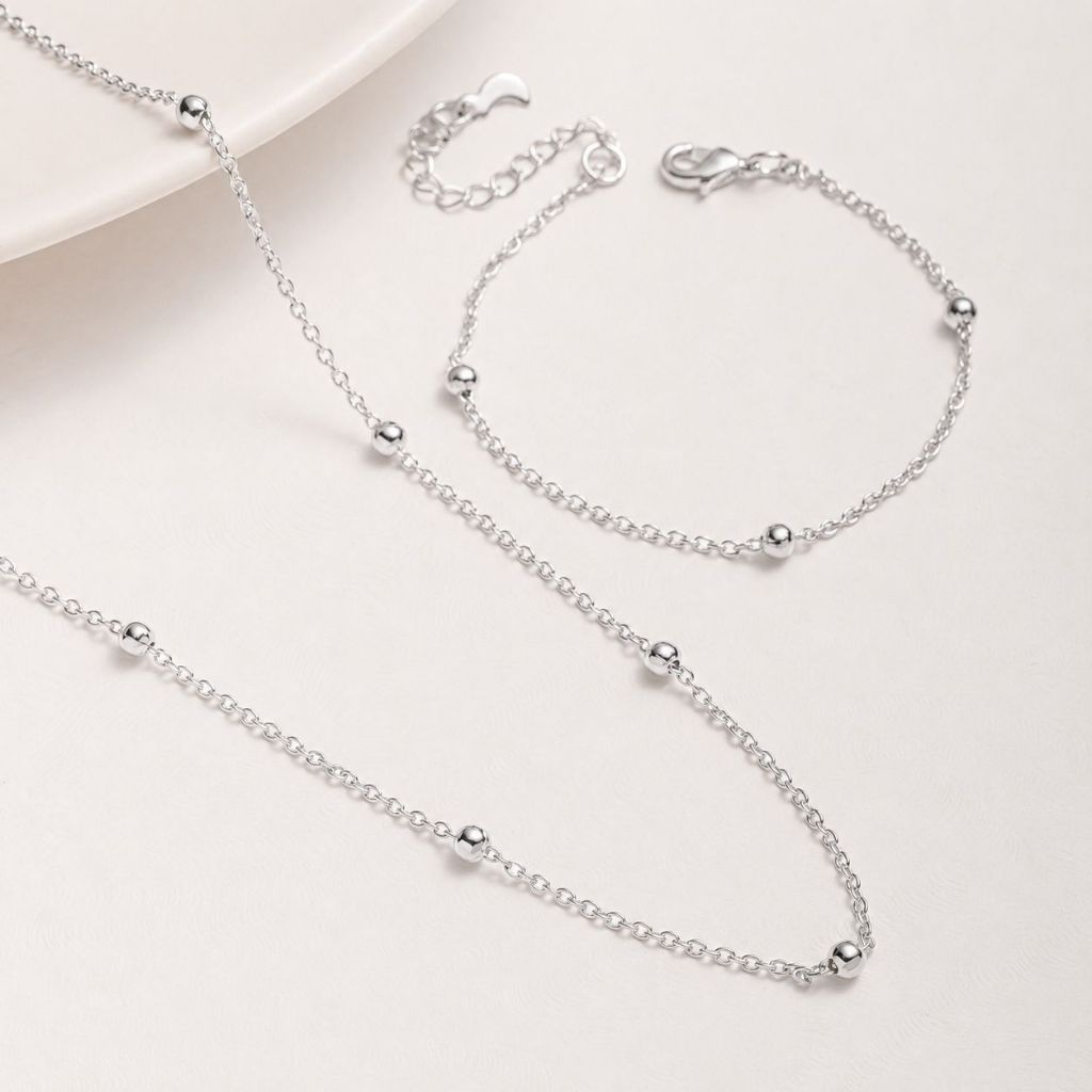 Conjunto Colar e Pulseira Infantil Bolinhas Delicadas Banhado Prata