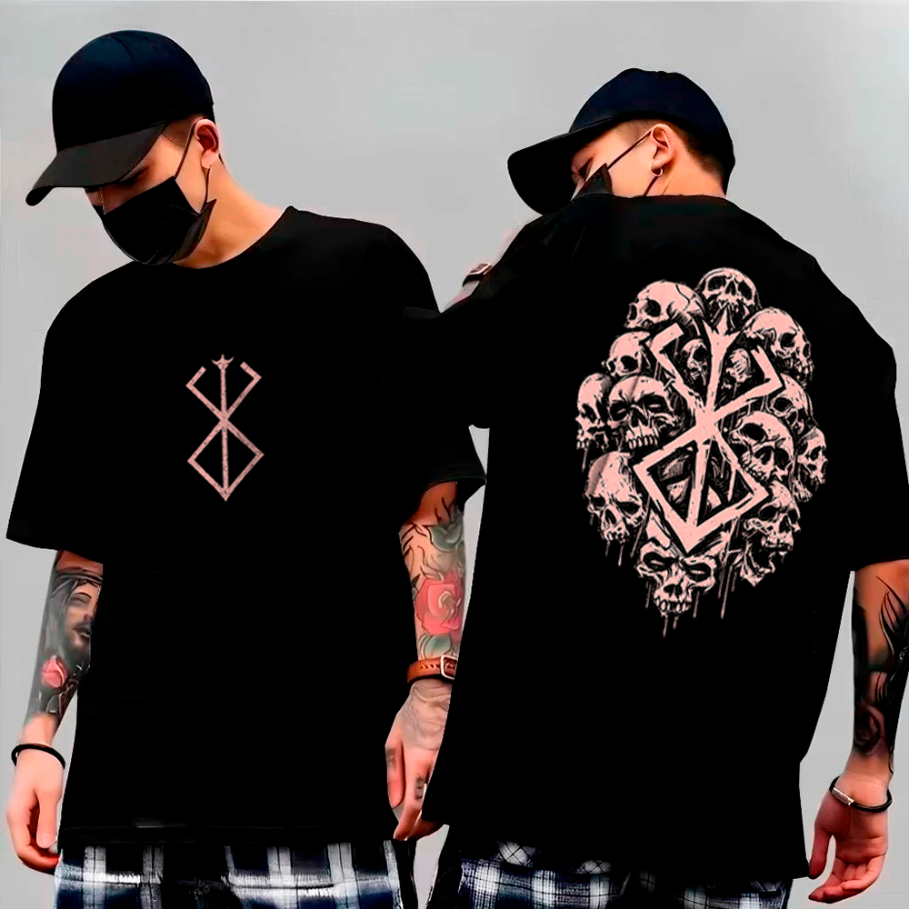 Camiseta Básica e OVERSIZED Algodão Estampada Berserk Skulls Horror Anime Symbol Sacrifice Street Guts Espadachim Gotica