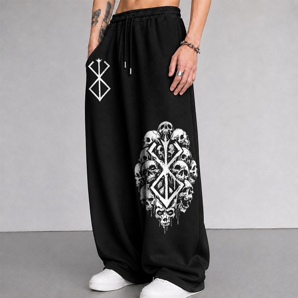 Calça Moletom Pantalona Wide Leg Slim Style Streetweart Anime Y2k Tribal Horror Gotico Sacrifice Symbol Berserk Skulls