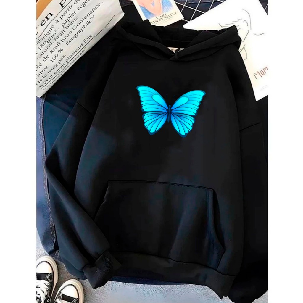 Blusa Canguru Inverno Capote Moletom Capote Unissex C/ Capuz Borboleta Azul Natureza Animal delicado Casual Exclusivo
