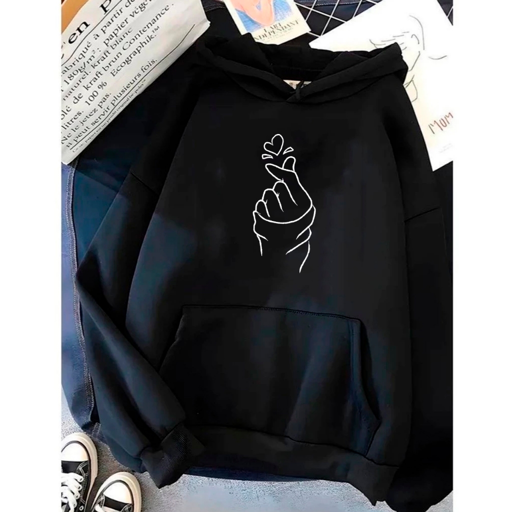 Blusa Canguru Inverno Capote Moletom Capote Unissex C/ Capuz Coração Coreano Dorama K-Pop Casual Exclusivo Estalo Dedos