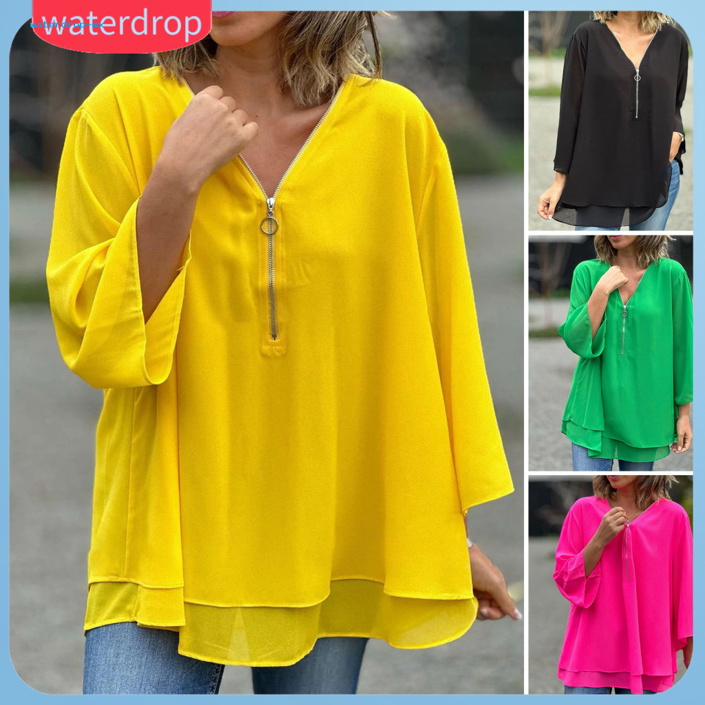 Women’s Chiffon V-neck Zipper Pullover Top 3/4 Sleeve Loose Fit Shirt with Double Layer Hem Solid Color Blouse for Sum
