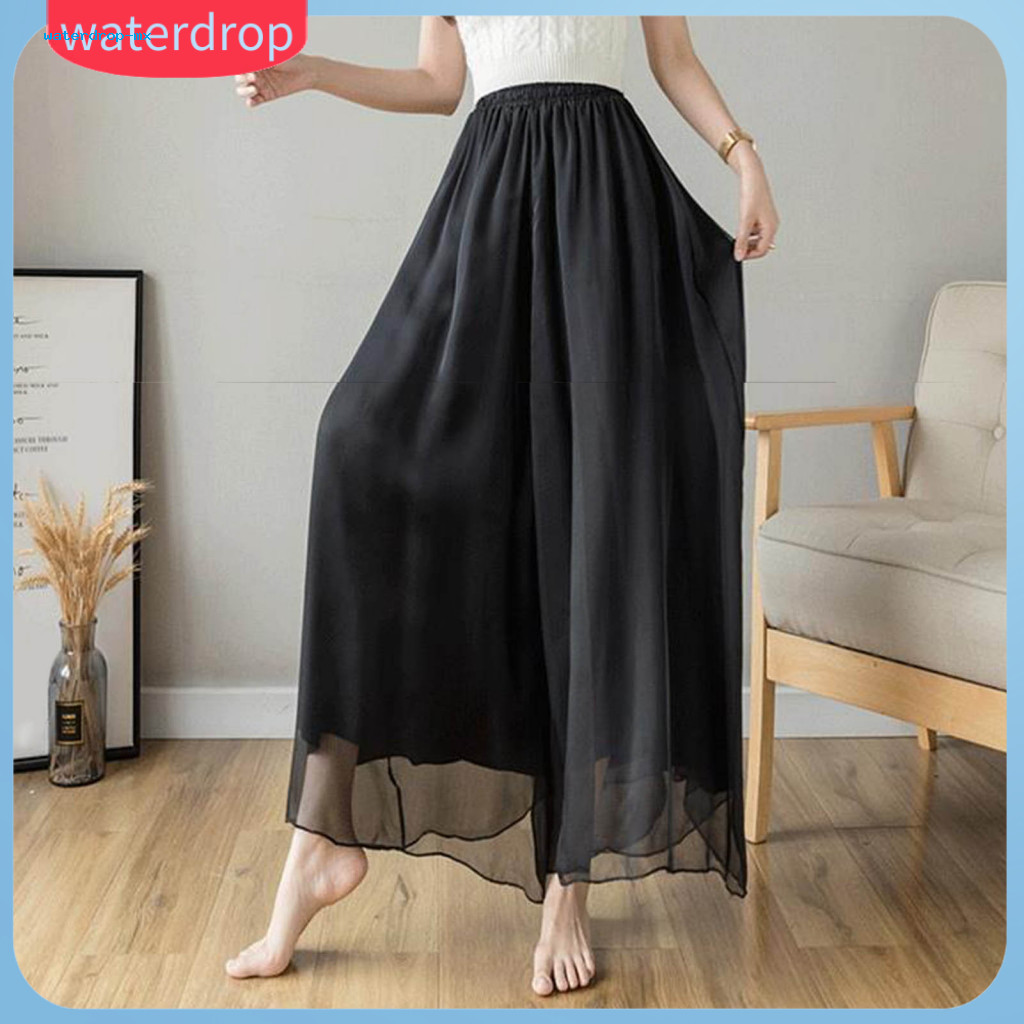 Women’s Double-layer Chiffon Long Pants Elastic Waist Mesh Gauze Skirt Trousers Lightweight Solid Color Wide-leg for S